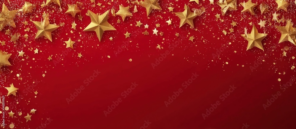 Red background with golden stars and fine glitter scattered in the upper left corner, minimalistic festive design under studio lighting. Red background with golden stars and fine glitter scattered in the upper left corner, minimalistic festive design under studio lighting.