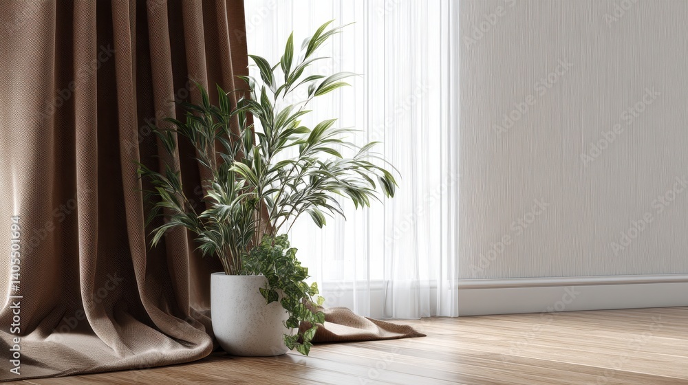 Fototapeta premium Potted plant near brown curtains