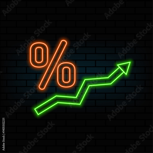 neon style. Graph rising trend icon in percentage. Symbol. Percentage growth trend chart.