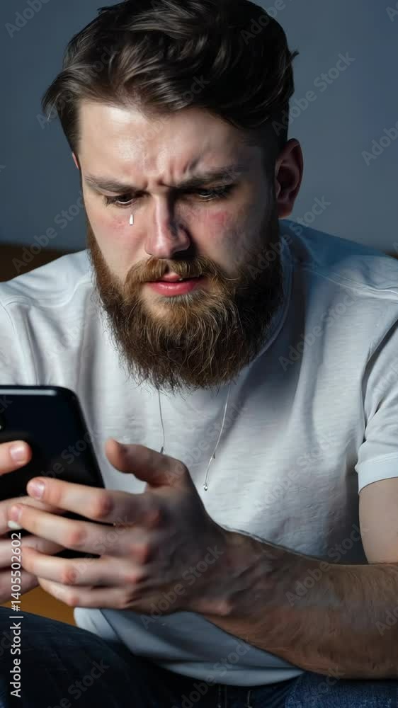 Distraught bearded man cries looking at cell phone, expressing sadness and sorrow while reading bad news on mobile device Distraught bearded man cries looking at cell phone, expressing sadness and sorrow while reading bad news on mobile device