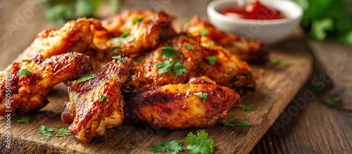 Grilled golden-red chicken wings on a wooden cutting board with fresh cilantro and ketchup, soft lighting highlighting crispy texture.