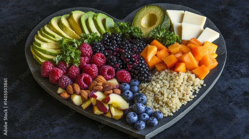 Colorful Heart-Shaped Fruit and Nut Platter on Dark Background Colorful Heart-Shaped Fruit and Nut Platter on Dark Background