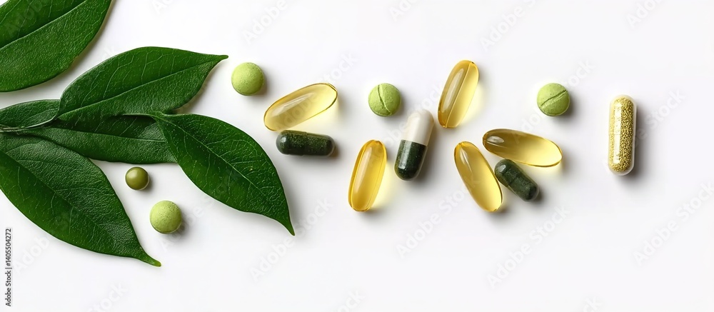 Capsules of various colors and shapes arranged with bright green leaves on a white background, minimalist pharmaceutical aesthetic.
