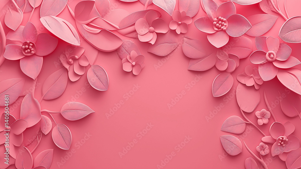 3D pink paper-cut background with flowers and leaves, with copy space for text 3D pink paper-cut background with flowers and leaves, with copy space for text