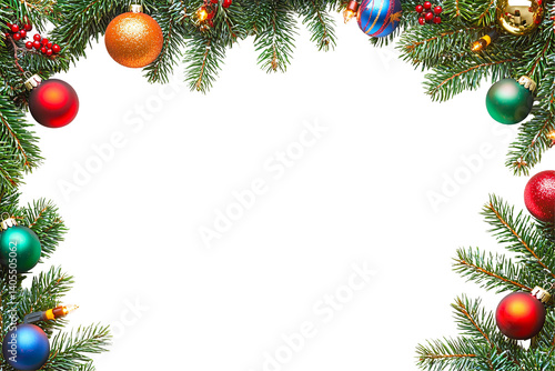 Festive border with fir branches, colorful ornaments, and red berries framing a blank space. Perfect for holiday messages