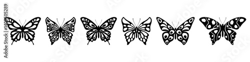 Butterflies black with wing tracery set. Tropical and meadow insects with luxurious wings and antennae for decorative ornament and entomology