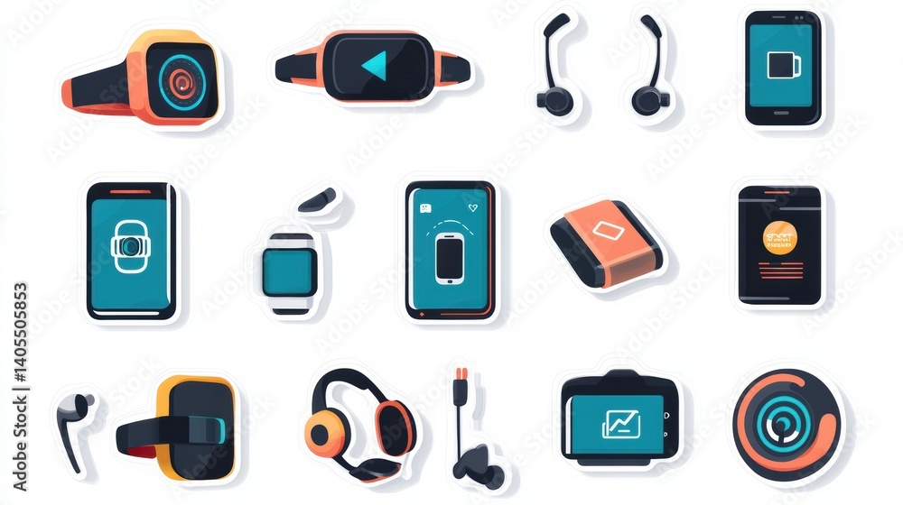 Modern tech sticker set featuring flat icons of smartphones, smartwatches, VR headsets, and wireless earbuds in a digital layout Modern tech sticker set featuring flat icons of smartphones, smartwatches, VR headsets, and wireless earbuds in a digital layout
