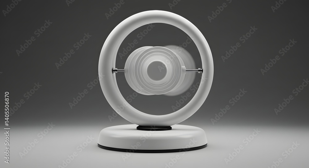 Close up of a white perpetual motion machine with rings spinning in a gray studio setting Close up of a white perpetual motion machine with rings spinning in a gray studio setting