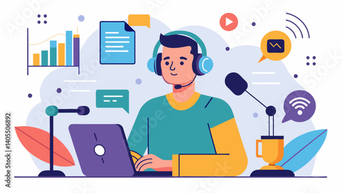 A man listening to a podcast critically analyzing the sources cited and researching further to verify the information presented.. Vector illustration