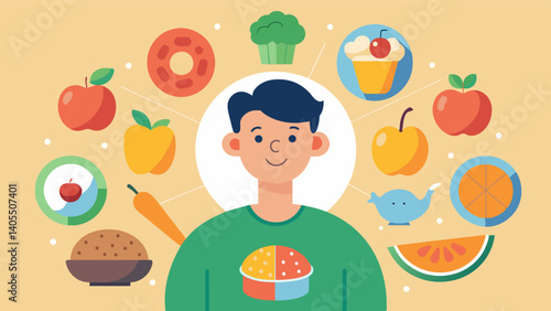 A person incorporating a variety of food groups into their meal demonstrating the importance of a wellrounded and balanced diet.. Vector illustration
