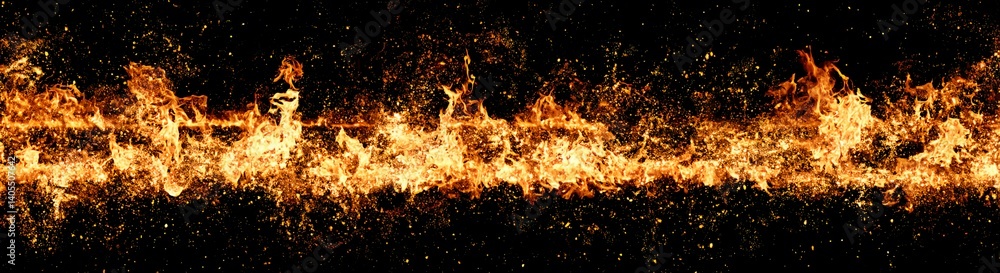 Inferno Blaze: A horizontal panoramic view of a fiery inferno, intense flames licking upwards against a dark backdrop. The image is rich in texture and detail. Inferno Blaze: A horizontal panoramic view of a fiery inferno, intense flames licking upwards against a dark backdrop. The image is rich in texture and detail.