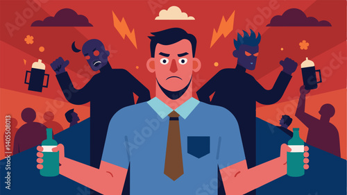 A man feels immense pressure to engage in risky and destructive behavior such as excessive drinking and violence in order to prove his masculinity and gain acceptance from his male. Vector