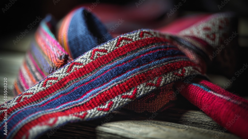 Vividly colored woven fabric with intricate patterns drapes elegantly, embodying a rich cultural tapestry and artisanal expertise. Vividly colored woven fabric with intricate patterns drapes elegantly, embodying a rich cultural tapestry and artisanal expertise.