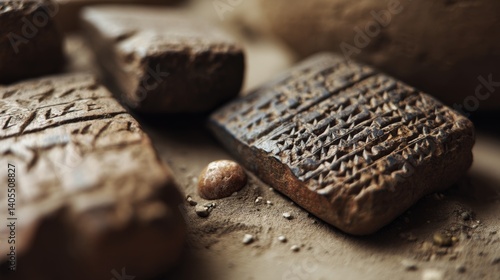 Ancient cuneiform tablets rest on a bed of dust, capturing a moment of history and the enduring legacy of early civilization.