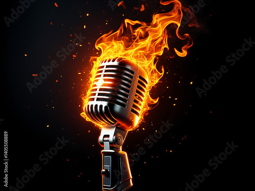 retro microphone on fire on abstract background