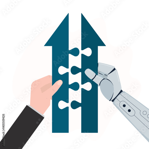 Robot and human hand merging puzzle arrows together. AI robots and humans solving puzzles, work with artificial intelligence, collaboration,