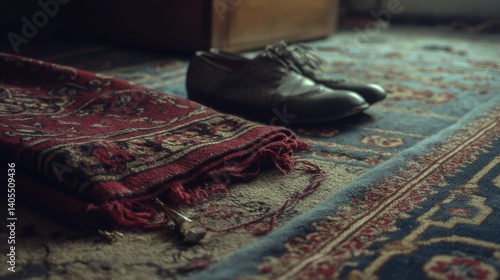 Worn leather shoes rest beside a folded Persian rug on an intricately patterned carpet, evoking a sense of nostalgia and classic charm.