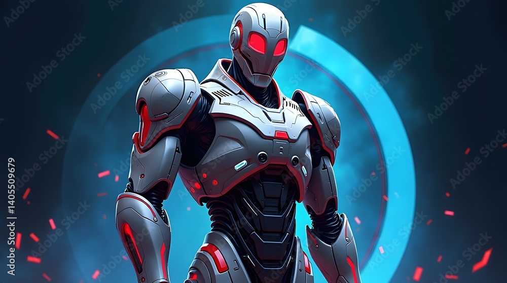 Futuristic robot with glowing red eyes on a blue tech background. Ideal for sci-fi, technology, and AI concepts. Futuristic robot with glowing red eyes on a blue tech background. Ideal for sci-fi, technology, and AI concepts.