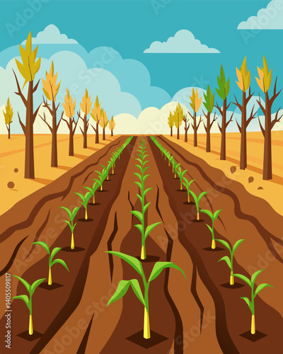 Rows upon rows of wilted crops the once fertile soil now dry and eroded unable to support the weight of excessive harvests.. Vector illustration