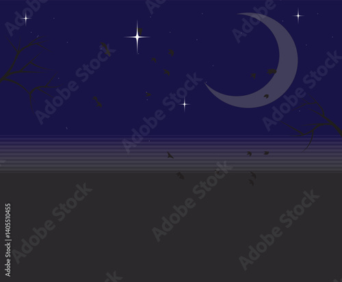 Night background with   a crescent moon shines  ,  trees on starry background. vector drawing ,illustration.