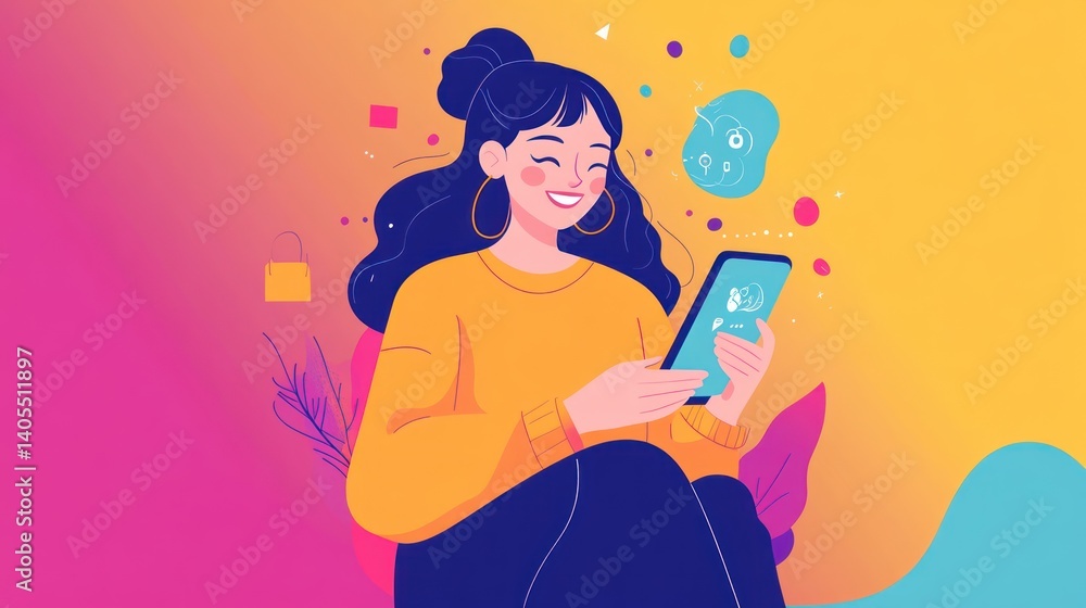 Woman engaging with modern technology, illustrated on a vibrant gradient backdrop Woman engaging with modern technology, illustrated on a vibrant gradient backdrop