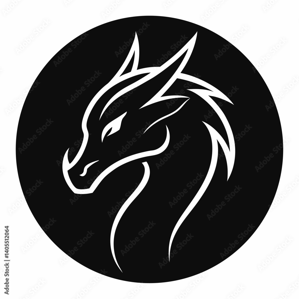 Dragon Head Silhouette Logo in Black Circle Tribal Style Vector Icon
Dragon Head Silhouette Logo in Black Circle Tribal Style Vector Icon