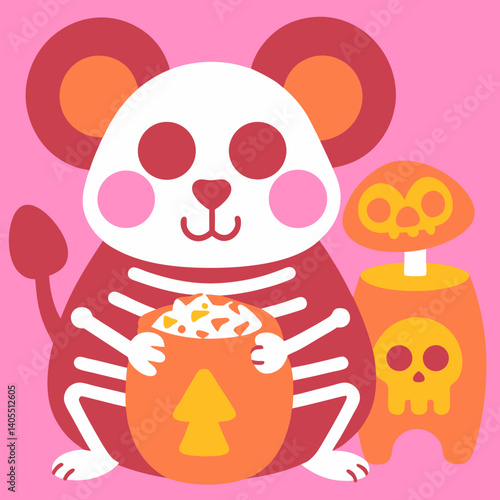 A cute skeleton mouse happily clutching a pumpkin full of candy on Halloween night, with bold colors and a playful pink background.