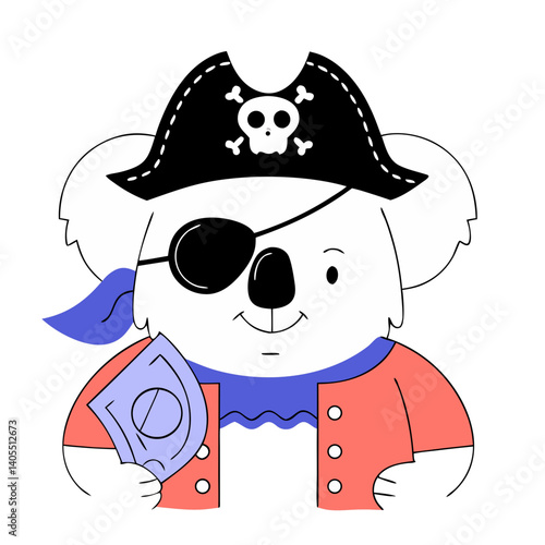 A mischievous koala pirate, one-eyed and grinning, proudly displays his treasure in a vibrant, playful illustration with bold outlines and flat colors.