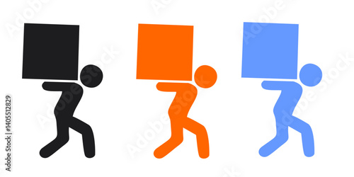 loader icon, man carries boxes, cargo delivery illustration, stick figure human silhouette