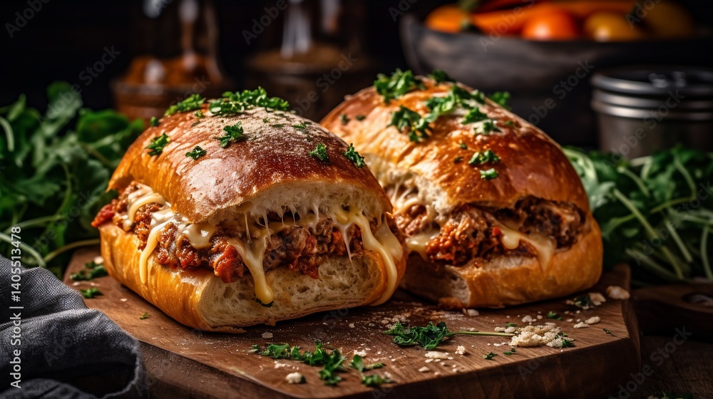 Two halves of a delicious, cheesy Italian sub sandwich Two halves of a delicious, cheesy Italian sub sandwich