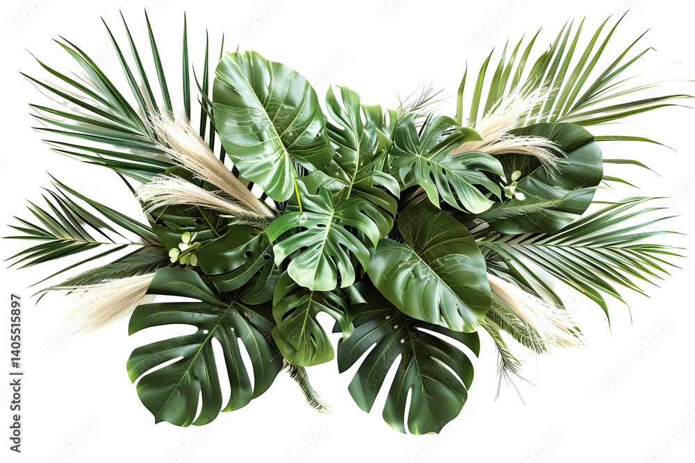 Fototapeta premium Lush tropical foliage arrangement with monstera and palm leaves against a plain background