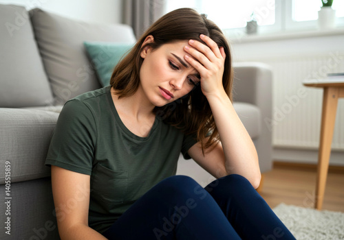 Woman having headache and holding her head while sitting on the floor at home Free Download Woman having headache and holding her head while sitting on the floor at home - GFXLoad