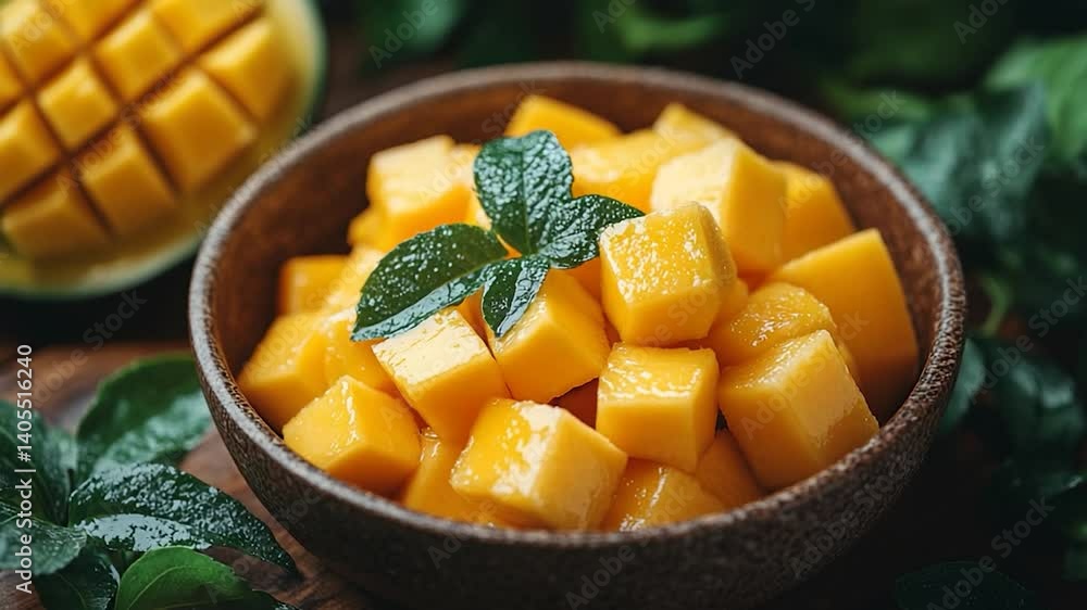 Fresh mango cubes in wooden bowl, tropical fruit, healthy snack, close up Fresh mango cubes in wooden bowl, tropical fruit, healthy snack, close up
