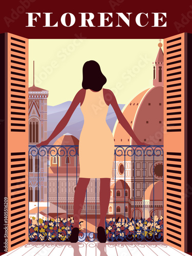 Florence cityscape with woman on balcony in the first plan and traditional italian houses, roofs, cathedral, bell tower and mountains in the background. Handmade drawing sketch vector illustration.