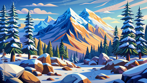 Pine Trees and mountains covered with snow at blue day time make for a winter wonderland, Simple cartoon design Flat style vector illustration, national park wallpaper background