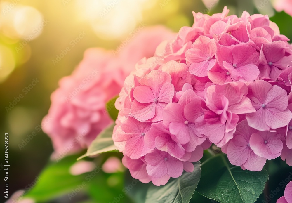Soft Pink Hydrangea Blooms Basking in Warm Sunlight at Sunset Soft Pink Hydrangea Blooms Basking in Warm Sunlight at Sunset