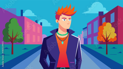 A young man with vibrant hair and piercings walks confidently down the street showcasing his individuality through his bold appearance.. Vector illustration
