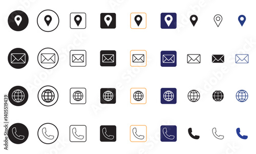 contact icon set, for business card symbol, location, globe, phone, mail, email, vector, editable stroke