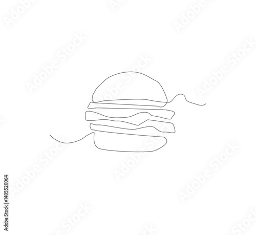 Gambar hamburger dengan satu garis, background putih, Siluet burger restoran cepat saji dengan keju, potongan daging, dan salad. Logo makanan jalanan dengan desain modern.