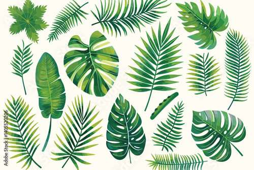Set of tropical leaves on a white background.