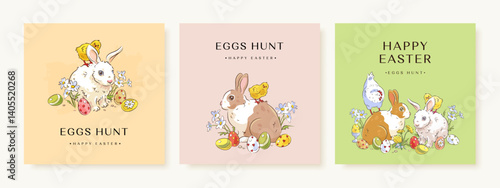 Happy easter square banner set with hand drawn cartoon bunny, chicken, easter eggs. Eggs hunt concept. Collection of greeting card or social media post design template. Vector illustration