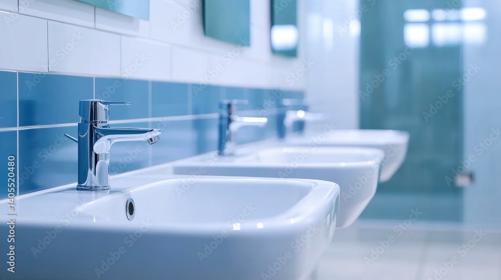 Modern bathroom with sleek sinks and taps, featuring a blue accent wall and mirrors reflecting light Modern bathroom with sleek sinks and taps, featuring a blue accent wall and mirrors reflecting light