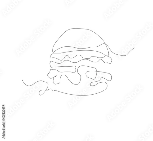Gambar hamburger dengan satu garis, background putih, Siluet burger restoran cepat saji dengan keju, potongan daging, dan salad. Logo makanan jalanan dengan desain modern.