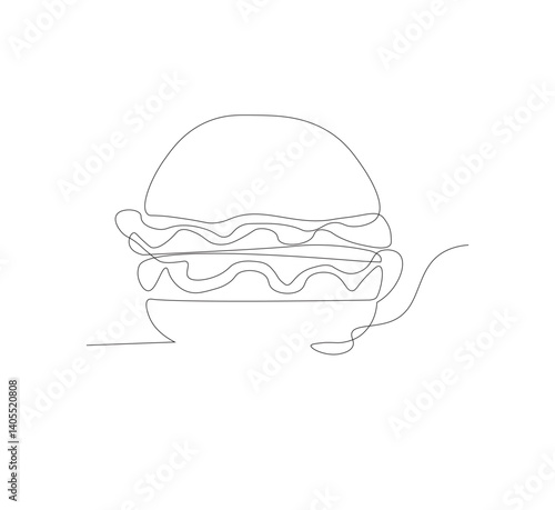 Gambar hamburger dengan satu garis, background putih, Siluet burger restoran cepat saji dengan keju, potongan daging, dan salad. Logo makanan jalanan dengan desain modern.