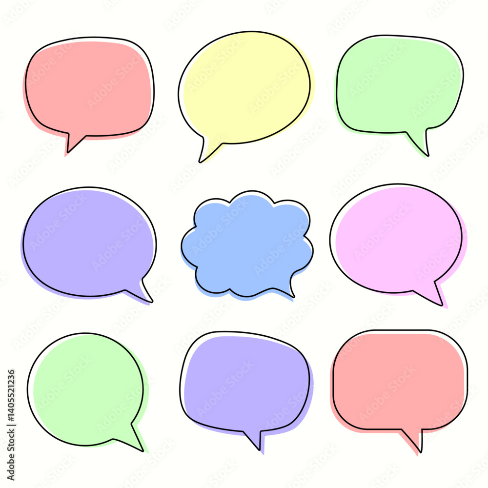 Collection of nine colorful speech and thought bubbles with black outlines. Pastel shades, flat design vector icons. Perfect for chat, comics, messages, quotes, and communication graphics. Collection of nine colorful speech and thought bubbles with black outlines. Pastel shades, flat design vector icons. Perfect for chat, comics, messages, quotes, and communication graphics.