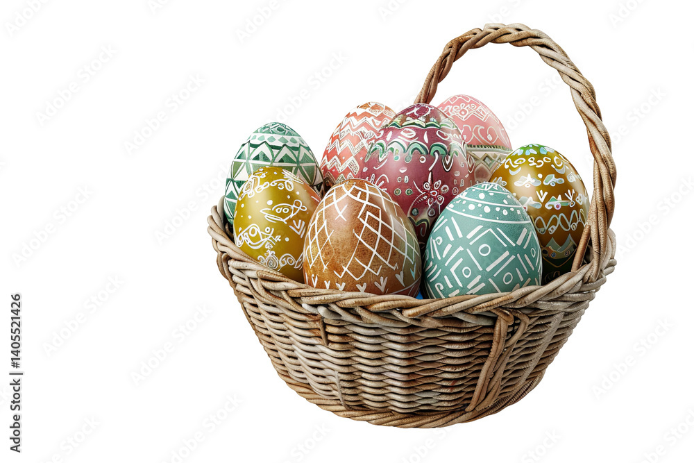 Wicker basket brimming with uniquely painted Easter eggs, vibrant and intricate designs adding festive charm Wicker basket brimming with uniquely painted Easter eggs, vibrant and intricate designs adding festive charm