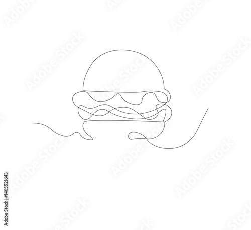 Gambar hamburger dengan satu garis, background putih, Siluet burger restoran cepat saji dengan keju, potongan daging, dan salad. Logo makanan jalanan dengan desain modern.