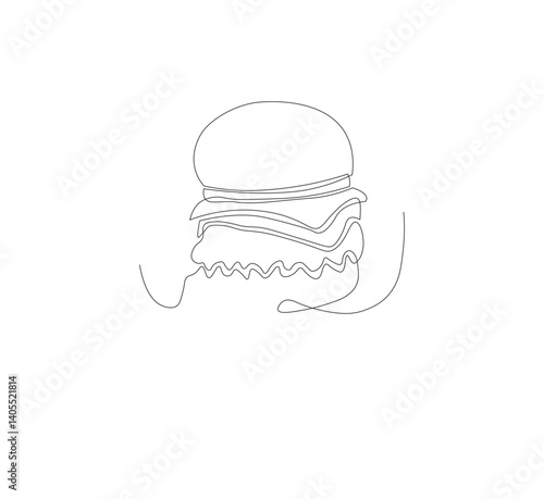 Gambar hamburger dengan satu garis, background putih, Siluet burger restoran cepat saji dengan keju, potongan daging, dan salad. Logo makanan jalanan dengan desain modern.