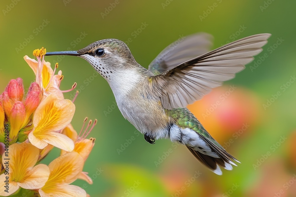 Obraz premium Hummingbird hovering near vibrant flowers during a sunny day in a lush garden