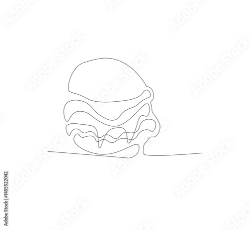 Gambar hamburger dengan satu garis, background putih, Siluet burger restoran cepat saji dengan keju, potongan daging, dan salad. Logo makanan jalanan dengan desain modern.